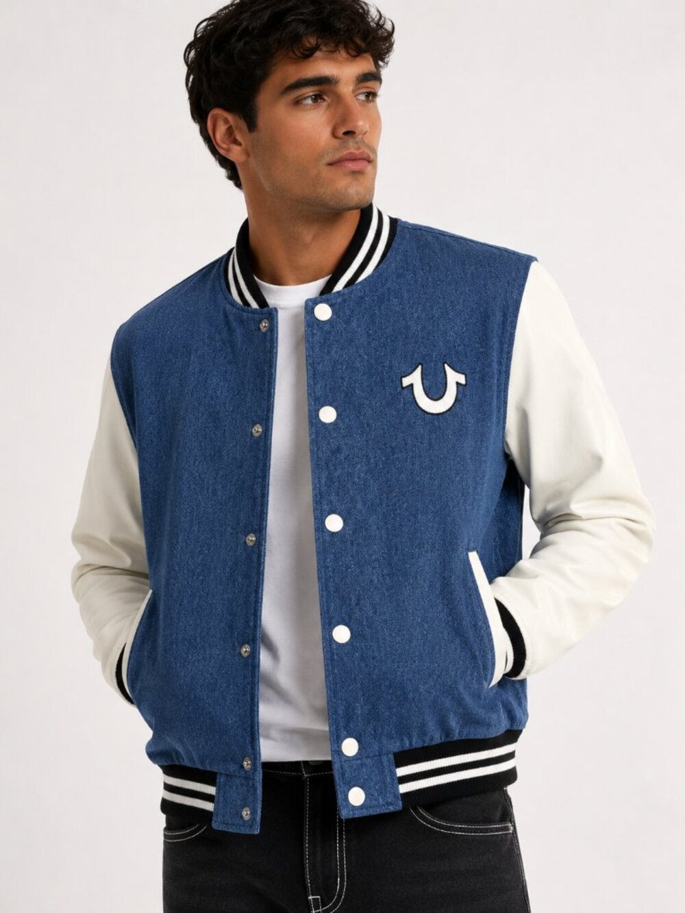 True Religion Quad Buddha Denim Varsity Jacket Men’s S Denim Winter White NWT